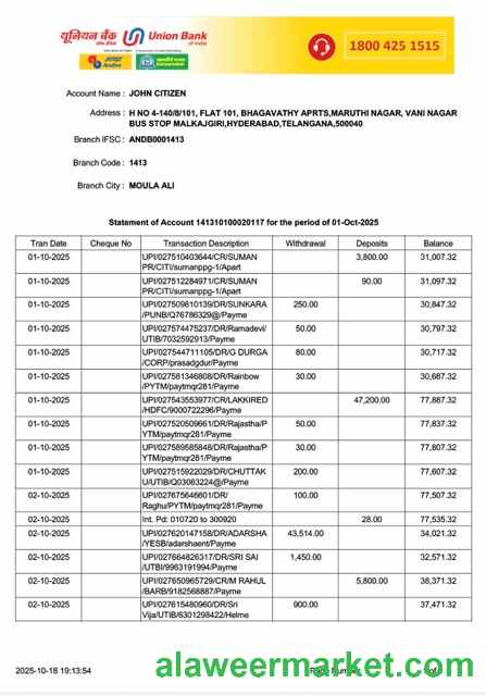 India Union Bank of India statement of account Word and PDF template